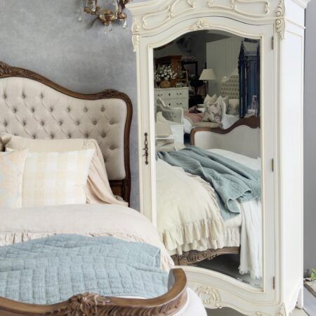Elodie French Provincial Single Mirrored Door Antique White Armoire