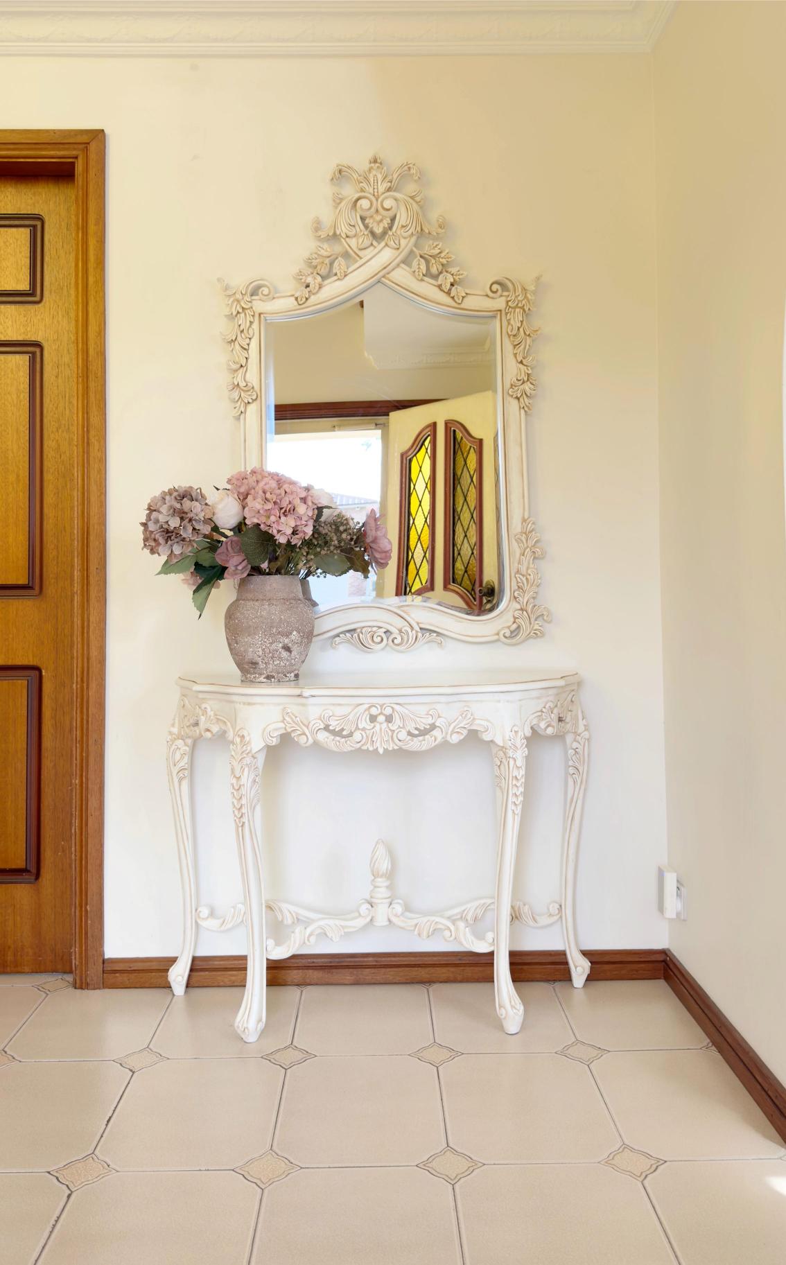 Ornate French Finial Console Table and Mirror Set