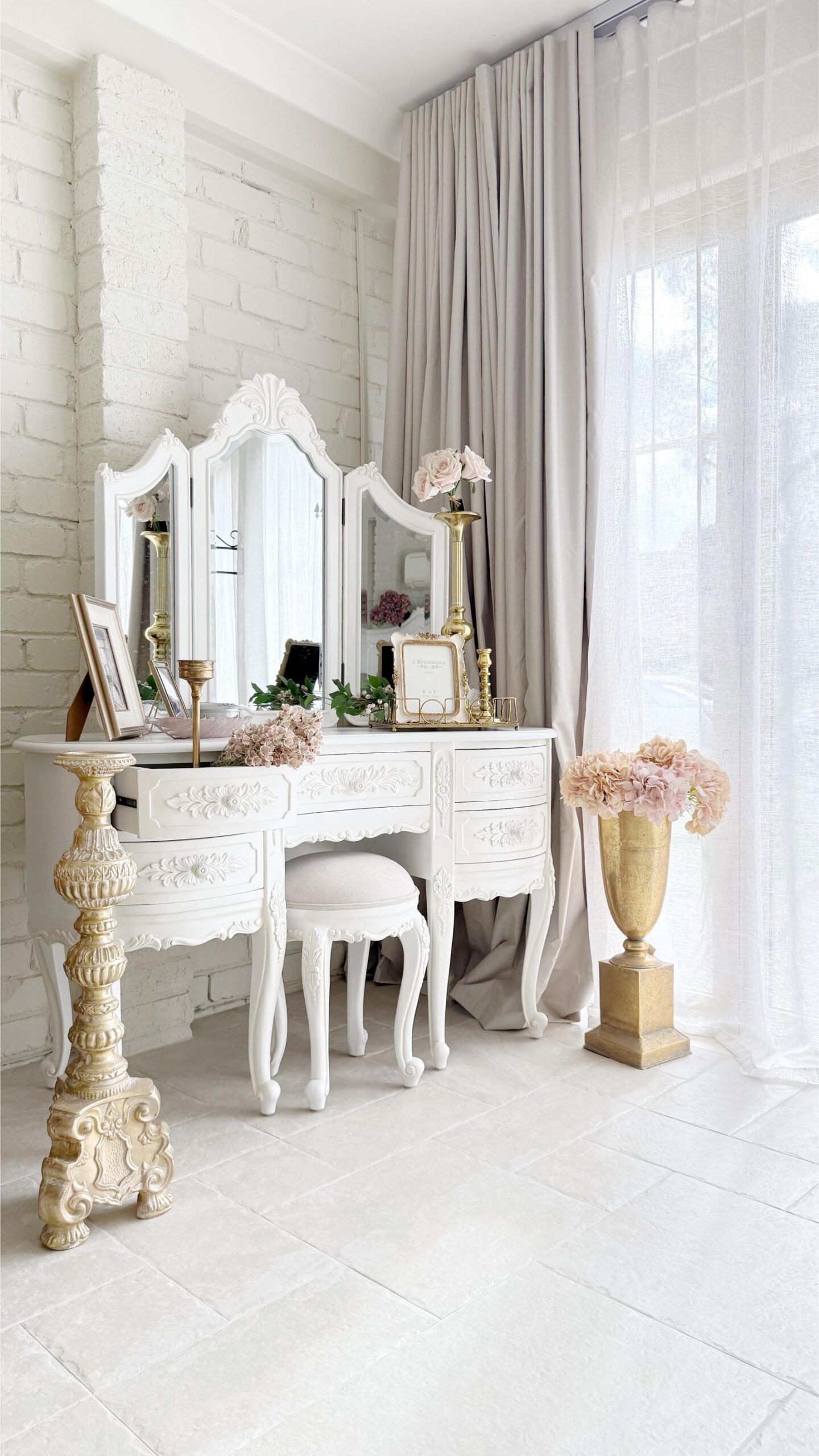 Provincial Tri-Fold Mirrored Dressing Table and Stool