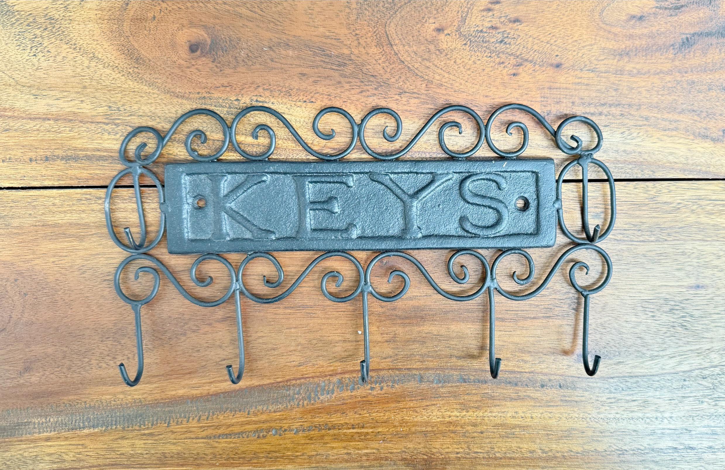Vintage Black Iron Key Holder with Hooks