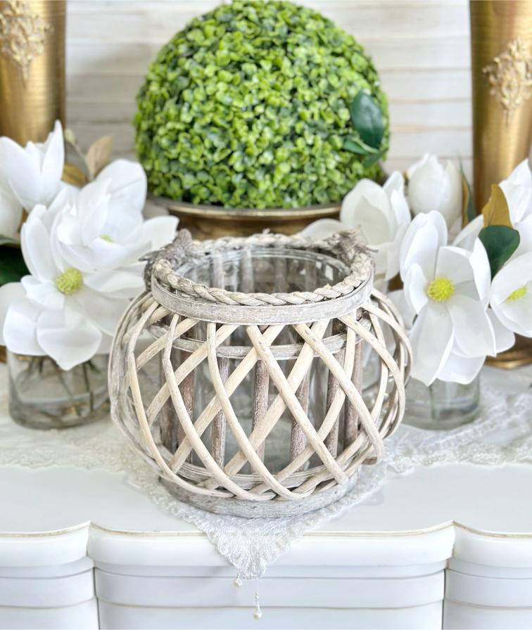 Rustic Whitewashed Rattan Lantern - Image 2