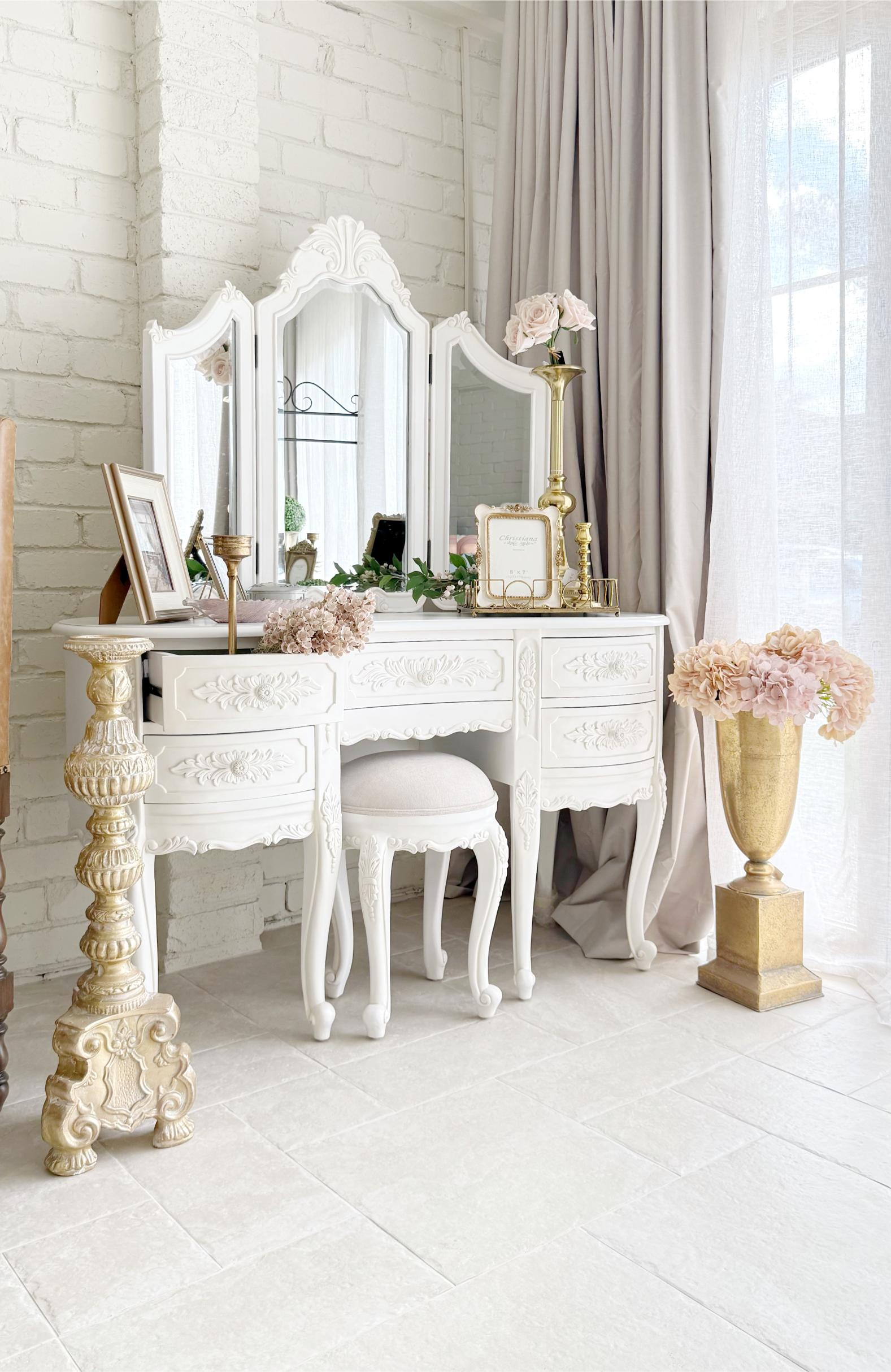 Provincial Tri-Fold Mirrored Dressing Table and Stool - Image 2